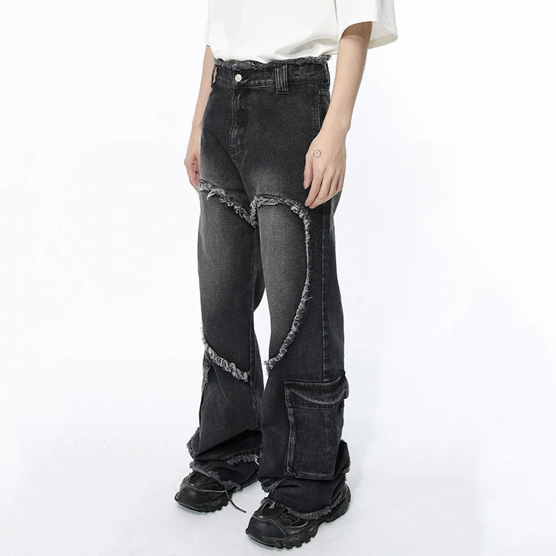 Male Jeans Personalized Design Raw Edge Straight Trousers Pocket Autumn Trendy Washed Denim Pants Trend 9C5091