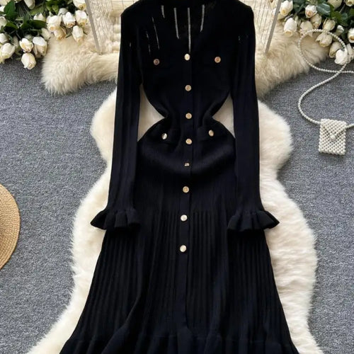 Load image into Gallery viewer, Autumn 2024 New Women Black White Single Breasted Slim Knitted Dress French Green Elegant V Neck Ruffles Long Sleeve Dress Trend

