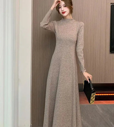 Solid Knitted Sweater Dresses For Women Party Clothing Half Turtleneck Autumn Winter 2023 A-line Warm Long Dress Vintage Casual