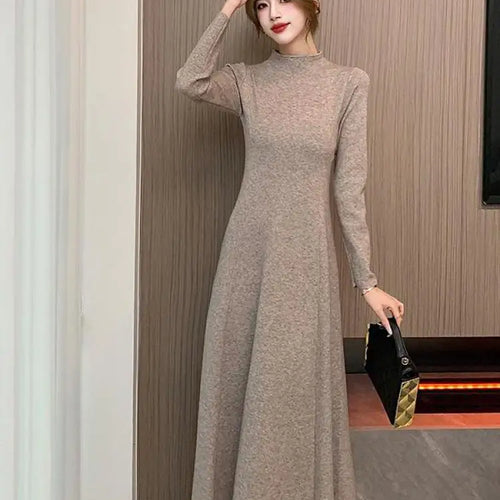Load image into Gallery viewer, Solid Knitted Sweater Dresses For Women Party Clothing Half Turtleneck Autumn Winter 2023 A-line Warm Long Dress Vintage Casual
