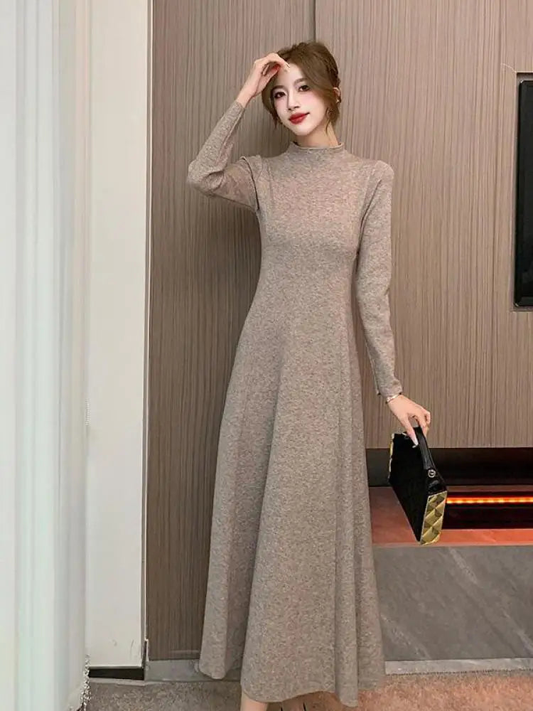 Solid Knitted Sweater Dresses For Women Party Clothing Half Turtleneck Autumn Winter 2023 A-line Warm Long Dress Vintage Casual