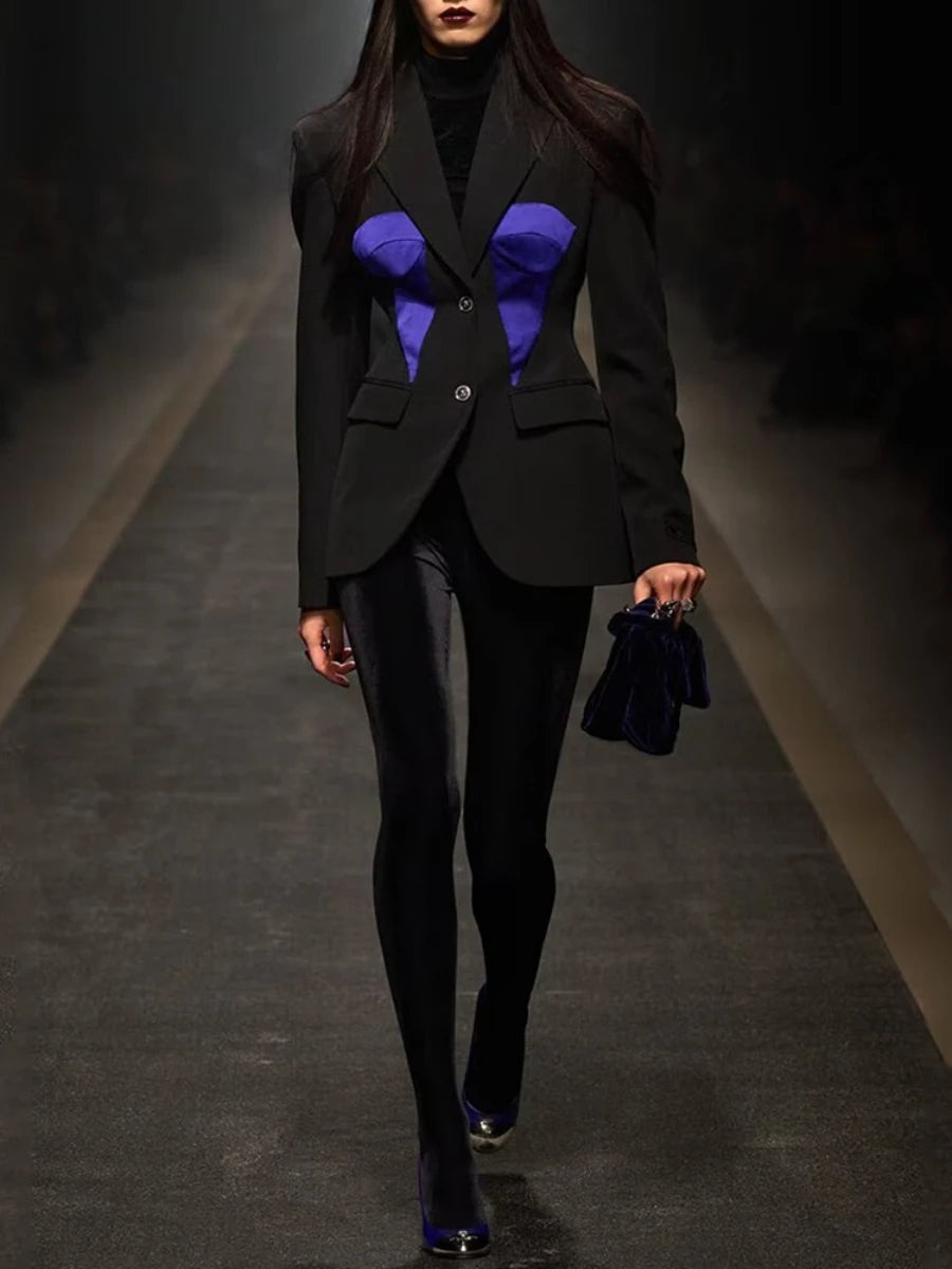 Hit Color Slimming Fashion Blazers for Women Lapel Long Sleeves Patchwork Single Breasted Blazer Female Clothes New