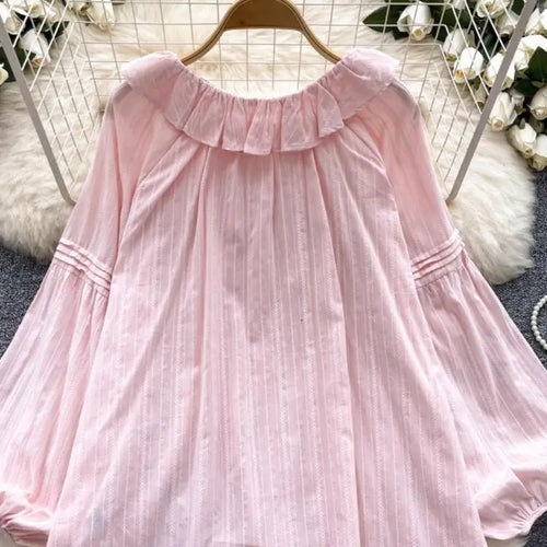 Load image into Gallery viewer, French Woman Solid Long Sleeve Lace-up Shirt Ladies Sweet Ruffle Edges Blouse Autumn Fashion New Single Breasted Short Tops Chic
