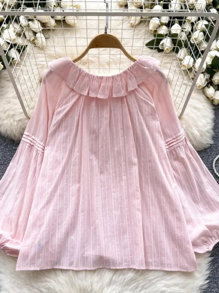 French Woman Solid Long Sleeve Lace-up Shirt Ladies Sweet Ruffle Edges Blouse Autumn Fashion New Single Breasted Short Tops Chic