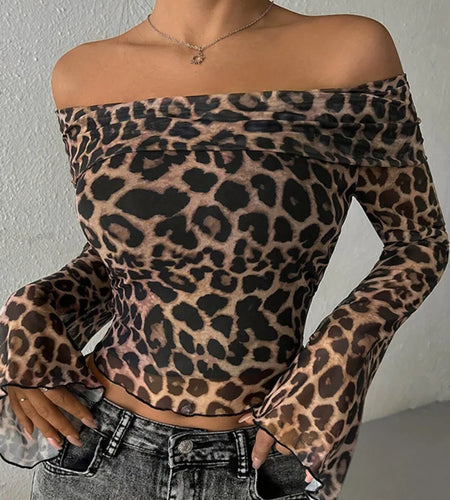 Leopard Print Long Sleeve T-shirt Women Off-shoulder Backless Crop Tops Female Fashion Printed Strapless Tees Tops