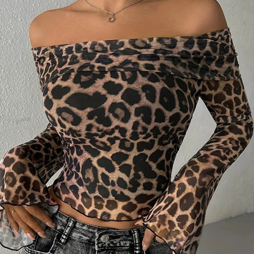 Load image into Gallery viewer, Leopard Print Long Sleeve T-shirt Women Off-shoulder Backless Crop Tops Female Fashion Printed Strapless Tees Tops
