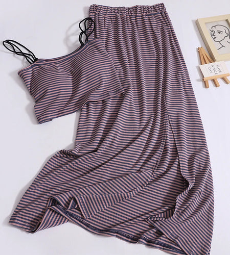 Women Summer Black Purple Stripe Backless Short Slip Tops And Elastic High Waist Pleated Split A Line Long Skirt 2024 New Suit
