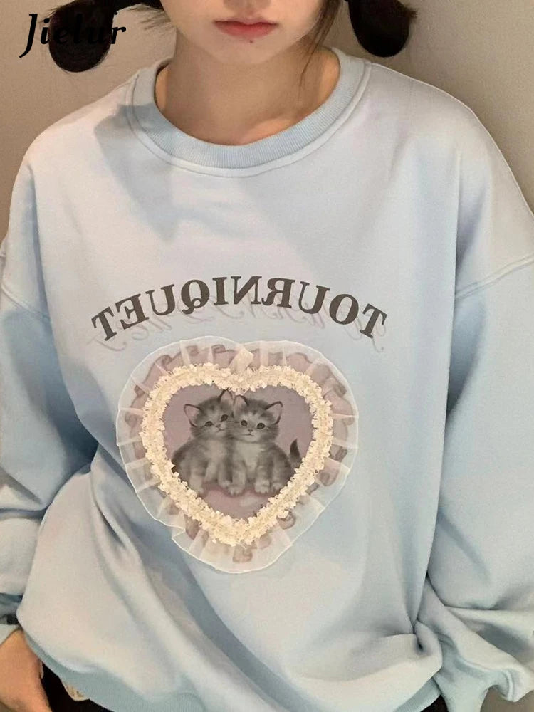 Solid Color Loose Simple Casual Female Hoodies Fashion Letter Printing Chic O-neck Pullovers Basic Women Hoodies Sky Blue