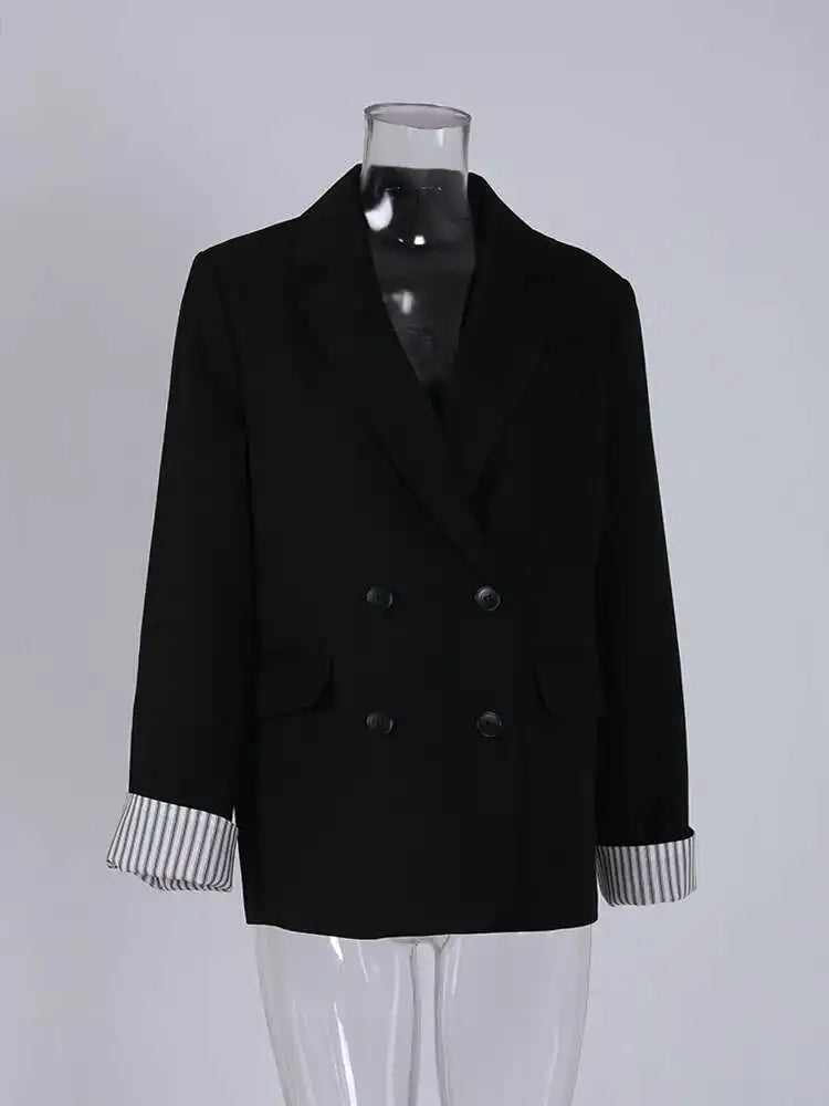 Women Apricot Striped Color-block Elegant Blazer New Lapel Long Sleeve Jacket Fashion Tide Spring Autumn 2025 CPG1175