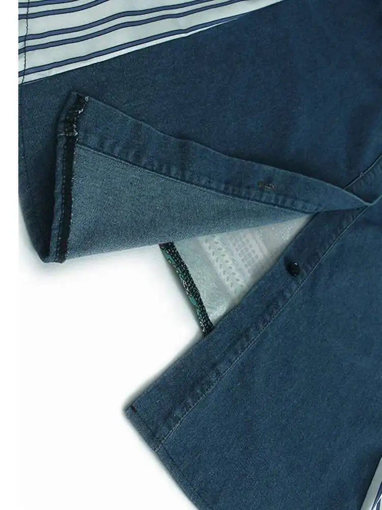 Women Blue Pattern Printed Denim Big Size Long Blouse New Lapel Long Sleeve Shirt Fashion Tide Spring Autumn 2025 1DH4876