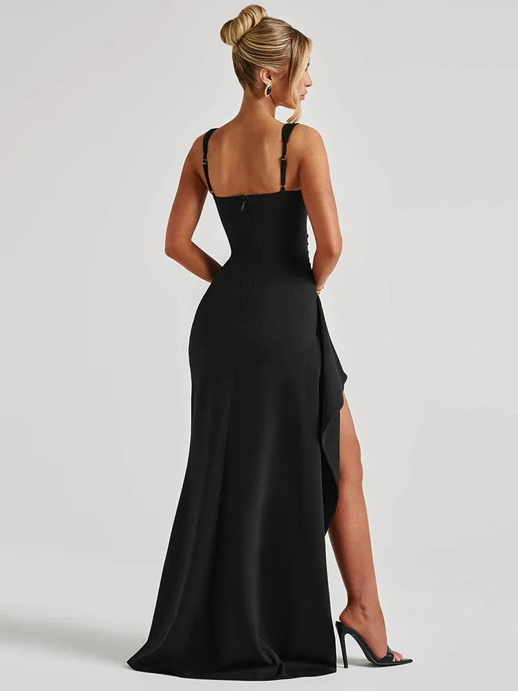 Black Backless Sexy Maxi Dress For Women Gown Spaghetti Strap Sleeveless Thigh High Split Club Evening Long Dress