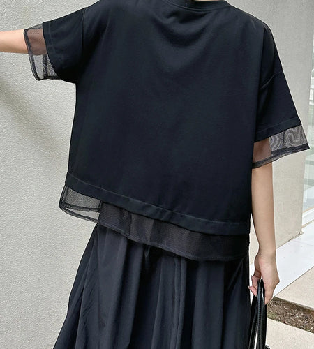Women Black Irregular Mesh Spliced Big Size T-shirt New Round Neck Short Sleeve Fashion Tide Spring Summer 2025 1DJ1700