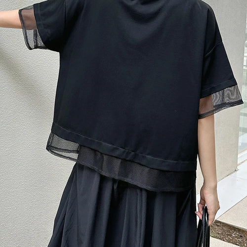 Load image into Gallery viewer, Women Black Irregular Mesh Spliced Big Size T-shirt New Round Neck Short Sleeve Fashion Tide Spring Summer 2025 1DJ1700
