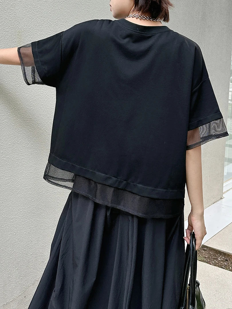 Women Black Irregular Mesh Spliced Big Size T-shirt New Round Neck Short Sleeve Fashion Tide Spring Summer 2025 1DJ1700
