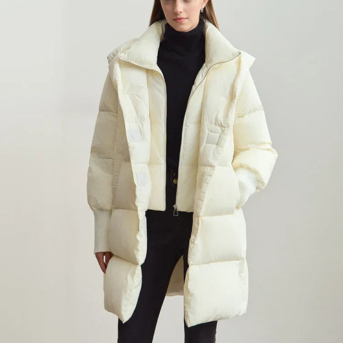 Winter Warm New Women Down Jacket Cuffs Magnetic Buckle Zipper Hooded Fake Two-piece Thick Loose Long Coats 12444104