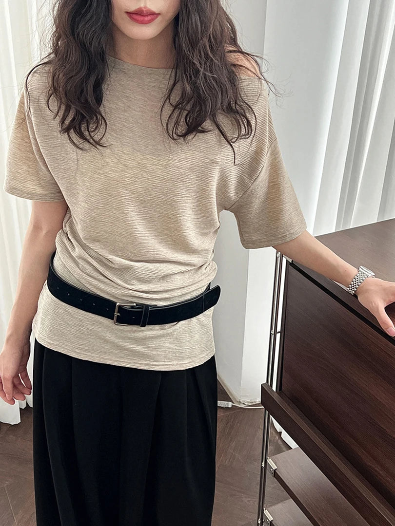 Women Blue Brief Belted Elegant Casual T-shirt New Slash Neck Short Sleeve Fashion Tide Spring Summer 2025 1DJ1475