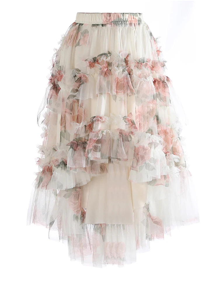 High Elastic Waist Apricot Mesh Irregular Ball Gown Half-body Skirt Women Fashion Tide New Spring Autumn 2025 1DJ1274