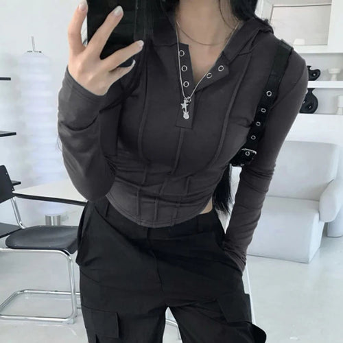 Load image into Gallery viewer, Casual Bodycon Stitch Long Sleeve Hooded Tee Shirt Slim Basic Buttons Harajuku Autumn T shirt Female Korean Crop Tops
