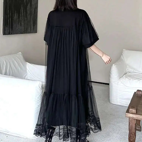 Load image into Gallery viewer, Women Black Mesh Spliced  Elegant Big Size Midi Dress New Round Neck Short Sleeve Fashion Tide Spring Summer 2025 1DH5056
