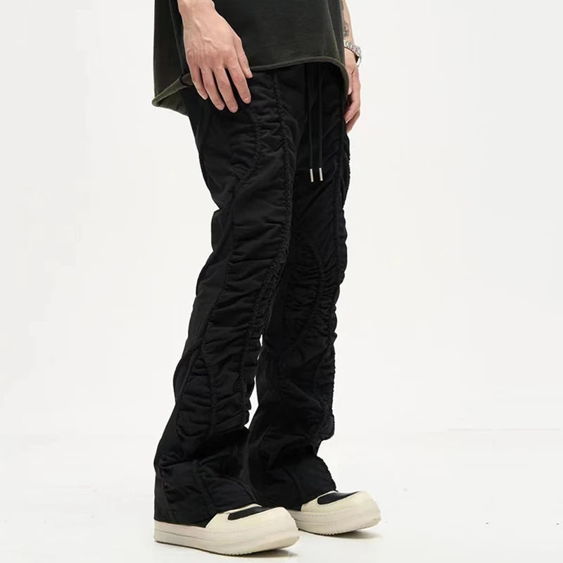 American Style Pleated Men's Pants Casual Drawstring Design Solid Color Straight Loose Wide Leg Male Trousers Niche 9C8825