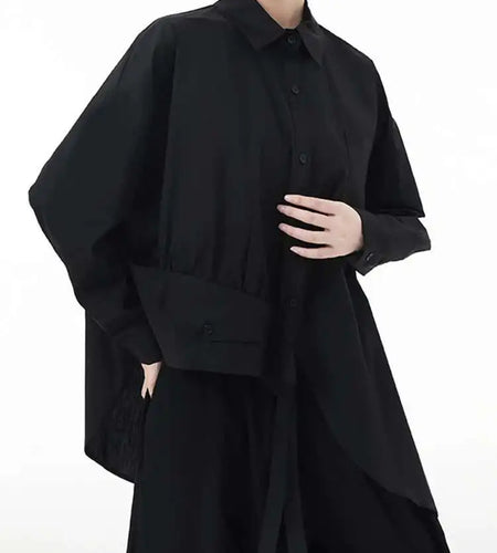 Women Black Big Size Asymmetric Blouse New Lapel Long Sleeve Loose Fit Shirt Fashion Tide Spring Autumn 2025 1DH3448