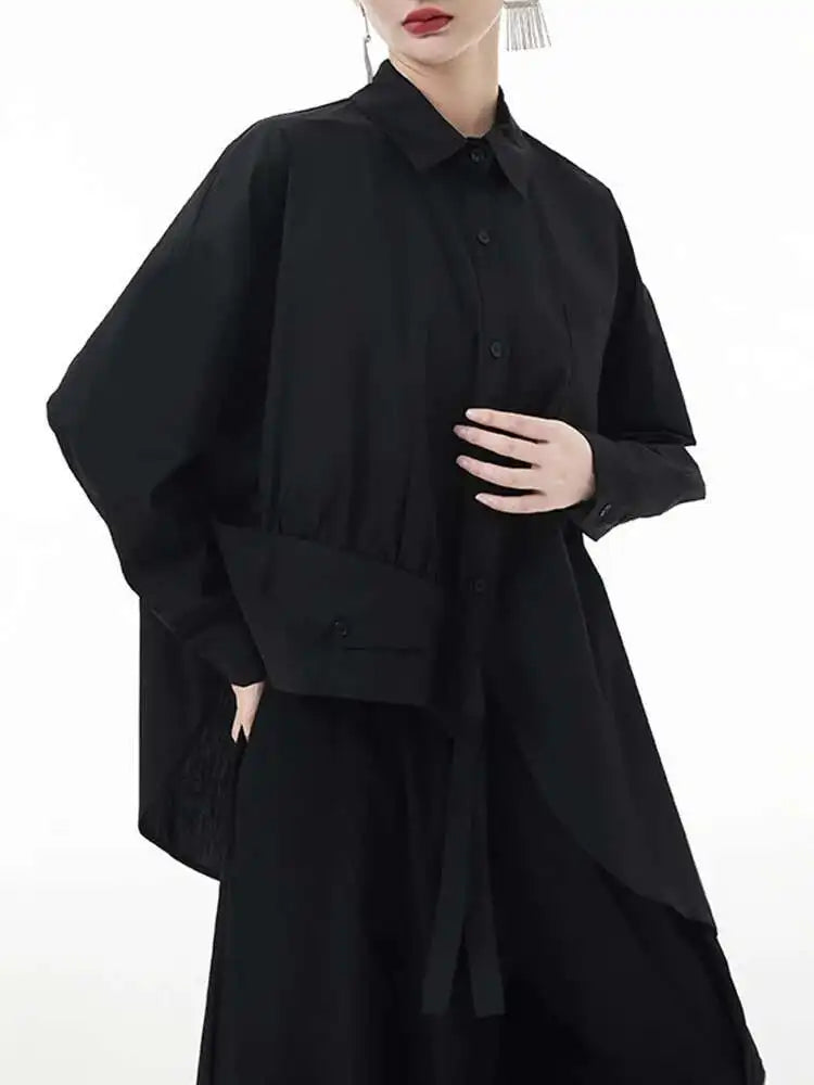 Women Black Big Size Asymmetric Blouse New Lapel Long Sleeve Loose Fit Shirt Fashion Tide Spring Autumn 2025 1DH3448