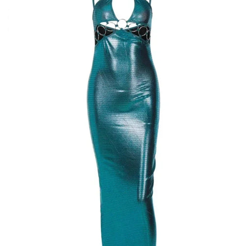 Load image into Gallery viewer, Metallic Blue Halter Long Sexy Dresses Women 2023 Party Night Club Outfits Hollow Backless Bodycon Dress C70-DZ21
