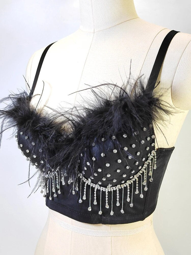 Solid Patchwork Diamonds Slimming Sexy Vests For Women Square Collar Sleeveless Spliced Feathers Vest Female