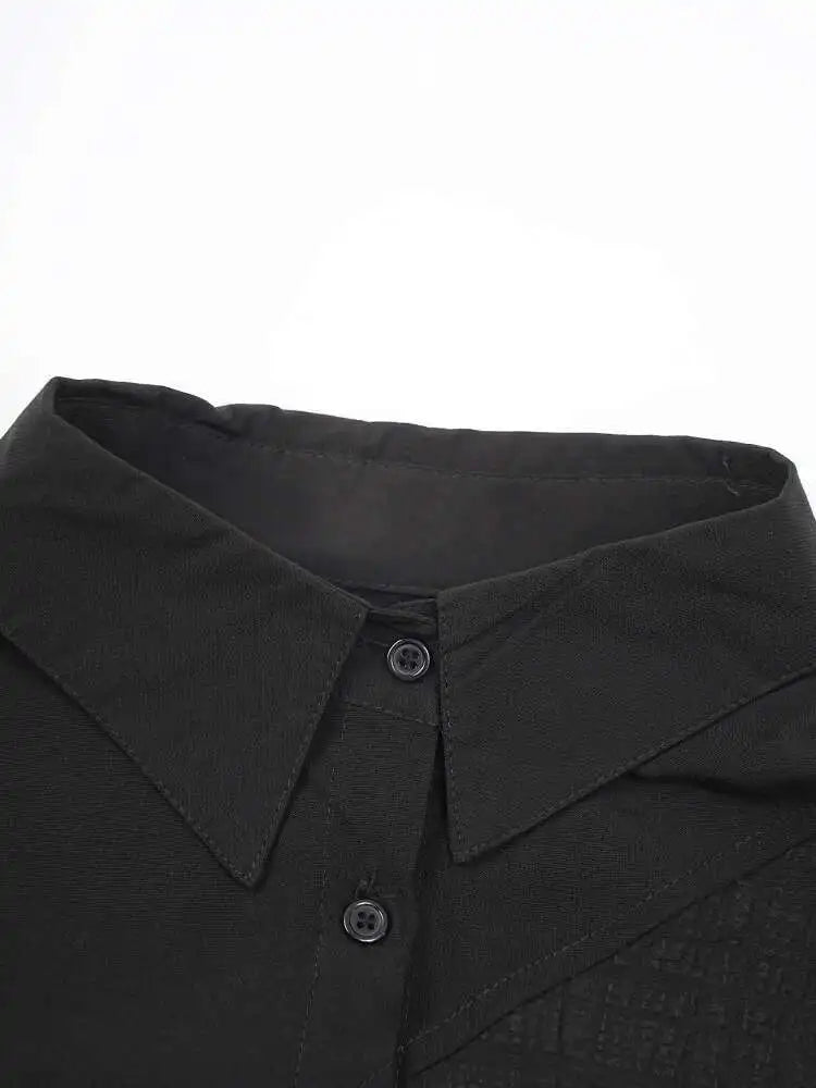 Women Black Pleated Pocket Big Size Casual Blouse New Lapel Long Sleeve Shirt Fashion Tide Spring Autumn 2025 CPG1905
