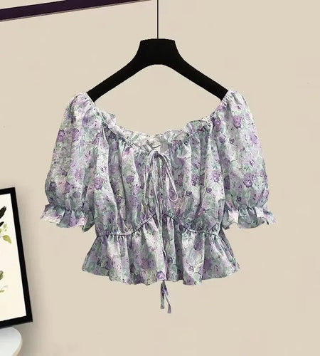 Women Summer Sweet Pink Print Top Korean Puff Sleeve Bandage Floral Top And Side Split Retro