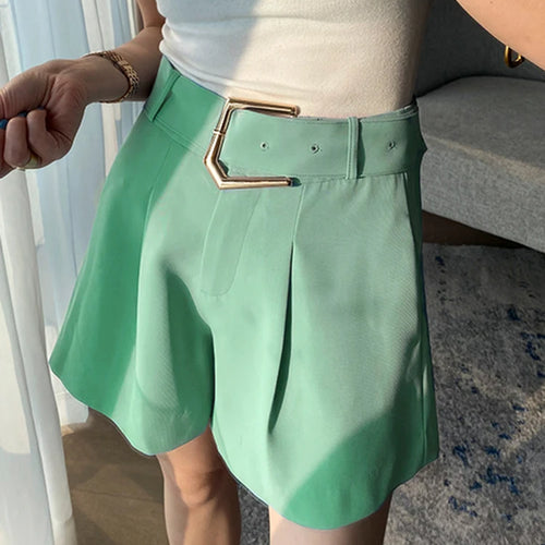 Load image into Gallery viewer, Green Short Pants For Women Hihg Waist Pleasted Casual Loose Patchwork Zipper Temperament Shorts Skirts Female
