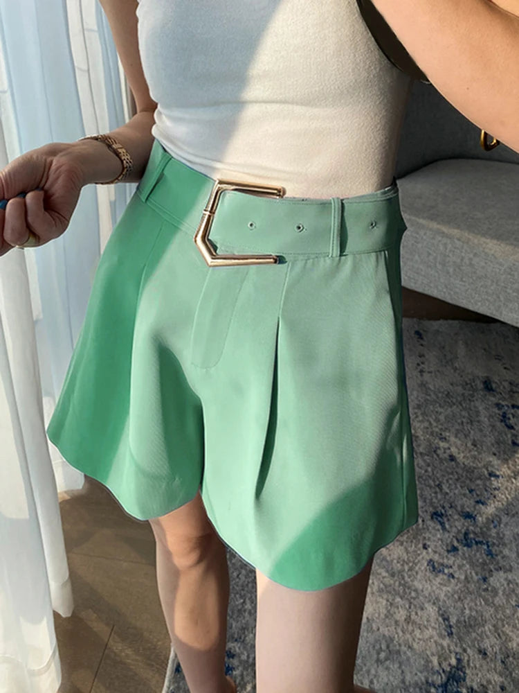Green Short Pants For Women Hihg Waist Pleasted Casual Loose Patchwork Zipper Temperament Shorts Skirts Female