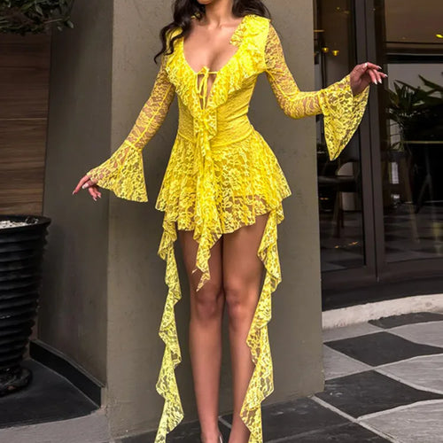 Load image into Gallery viewer, Lace Ruffled Sexy Mini Dress For Women Robe Deep V Neck Flare Long Sleeve Draped A-line Club Party Dress Vestido
