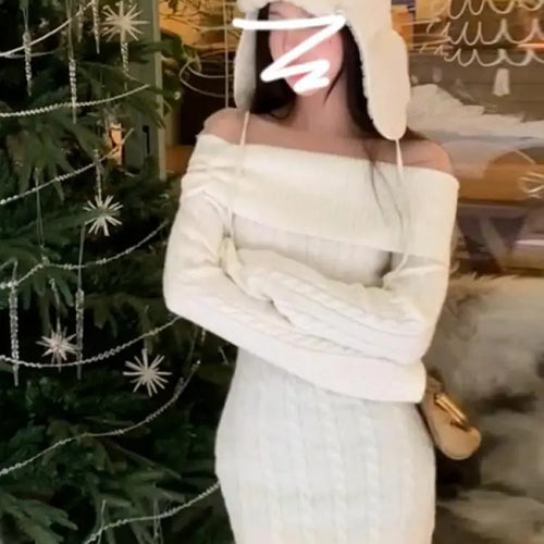 Load image into Gallery viewer, Autumn Winter Korean Version White Off Shoulder Slim Long Sleeve Dress Retro Women Vacation Wrap Hip Knit Short Dress Simple New
