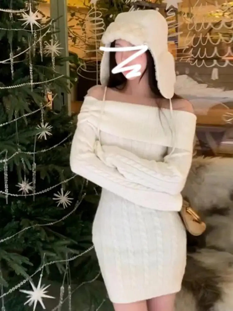 Autumn Winter Korean Version White Off Shoulder Slim Long Sleeve Dress Retro Women Vacation Wrap Hip Knit Short Dress Simple New