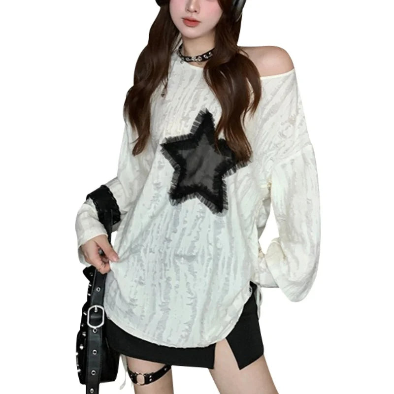 y2k Gothic Tops 2000s Women Clothes Drawstring Star Patch Ripped Long Sleeves T Shirts Grunge Clothing Streetwear