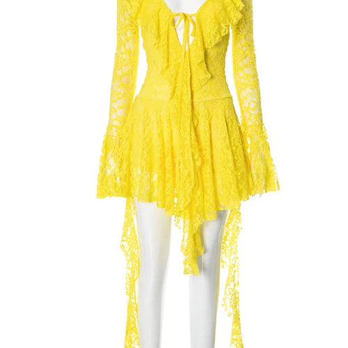 Load image into Gallery viewer, Lace Ruffled Sexy Mini Dress For Women Robe Deep V Neck Flare Long Sleeve Draped A-line Club Party Dress Vestido
