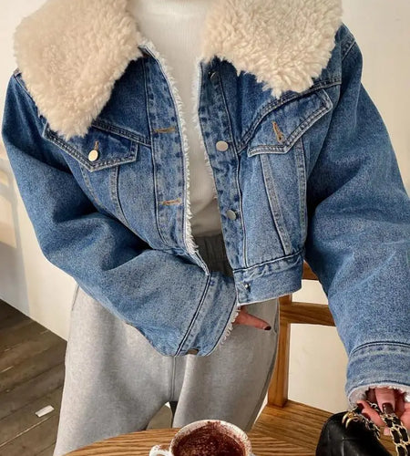 New Autumn Winter Women Blue Lambs Wool Thick Denim Jacket Loose Jean Coat Female Casual Warm 2023 Black Cardigans Outerwear Y2k