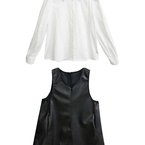 Load image into Gallery viewer, Black Leather Mesh Dress Shirt Two Pieces Suit New Lapel Long Sleeve Women Fashion Tide Spring Autumn 2025 1DH9256
