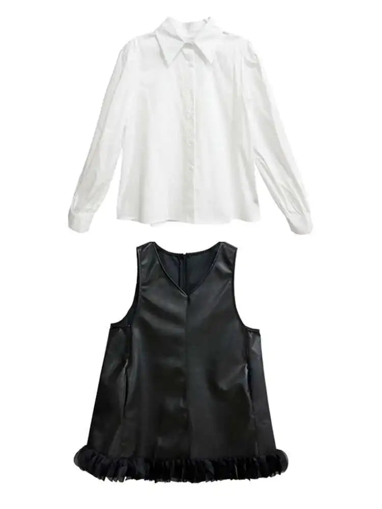 Black Leather Mesh Dress Shirt Two Pieces Suit New Lapel Long Sleeve Women Fashion Tide Spring Autumn 2025 1DH9256