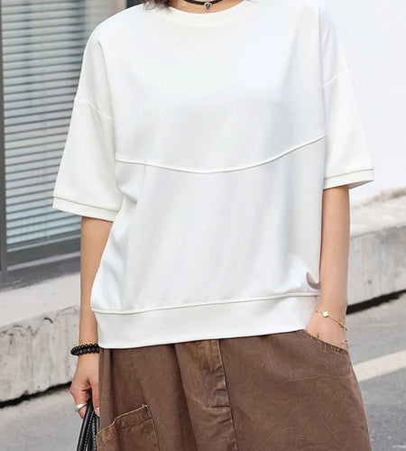 Women Blue Brief Spliced Big Size Casual T-shirt New Round Neck Short Sleeve Fashion Tide Spring Summer 2025 1DJ0219