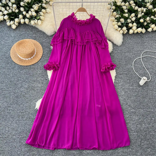 Load image into Gallery viewer, French 2024 Autumn New Solid Elegant Ruffle Edge Neck Long Sleeves Dress Women Vintage Loose Vacation Pleated Dress Popular Chic
