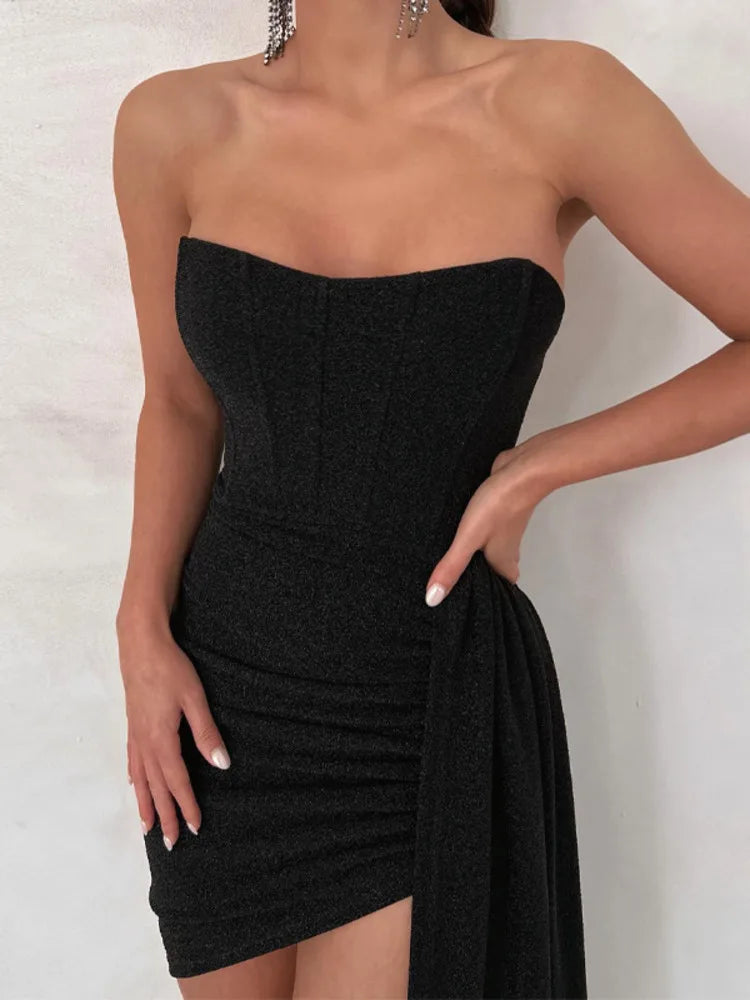 Elegant Strapless Lace-up Mini Dress For Women Robe 2023 New Off-shoulder Sleeveless Ruched Party Short Dress Vestido