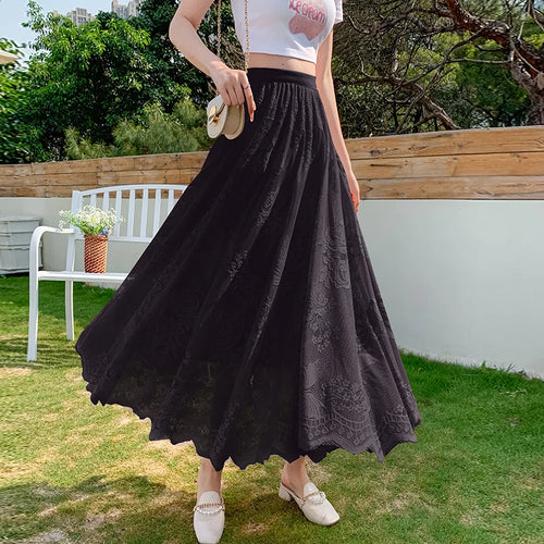 Load image into Gallery viewer, Spring Summer French Retro Solid Lace Slim Irregular Long Skirt Women High Waist Elegant Party Pleated Skirt Fashion Streetwear
