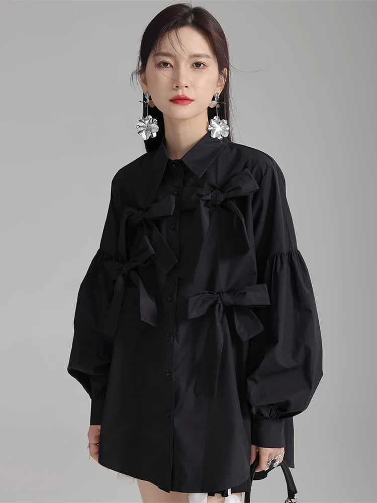 Women White Bow Spliced Big Size Elegant Blouse New Lapel Long Sleeve Shirt Fashion Tide Spring Autumn 2025 1DH5705