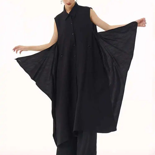 Load image into Gallery viewer, Women Khaki Irregular Spliced Big Size Midi Shirt Dress New Lapel Sleeveless Fashion Tide Spring Summer 2025 1DH9434
