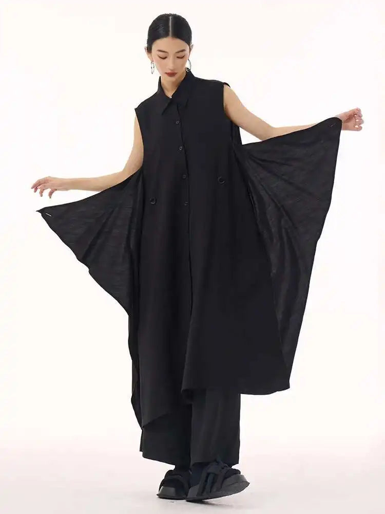 Women Khaki Irregular Spliced Big Size Midi Shirt Dress New Lapel Sleeveless Fashion Tide Spring Summer 2025 1DH9434