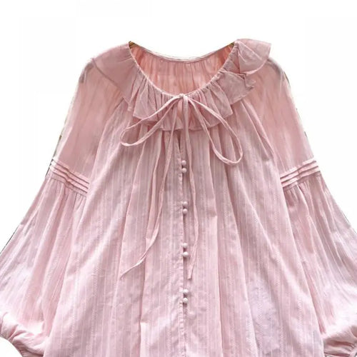 Load image into Gallery viewer, French Woman Solid Long Sleeve Lace-up Shirt Ladies Sweet Ruffle Edges Blouse Autumn Fashion New Single Breasted Short Tops Chic
