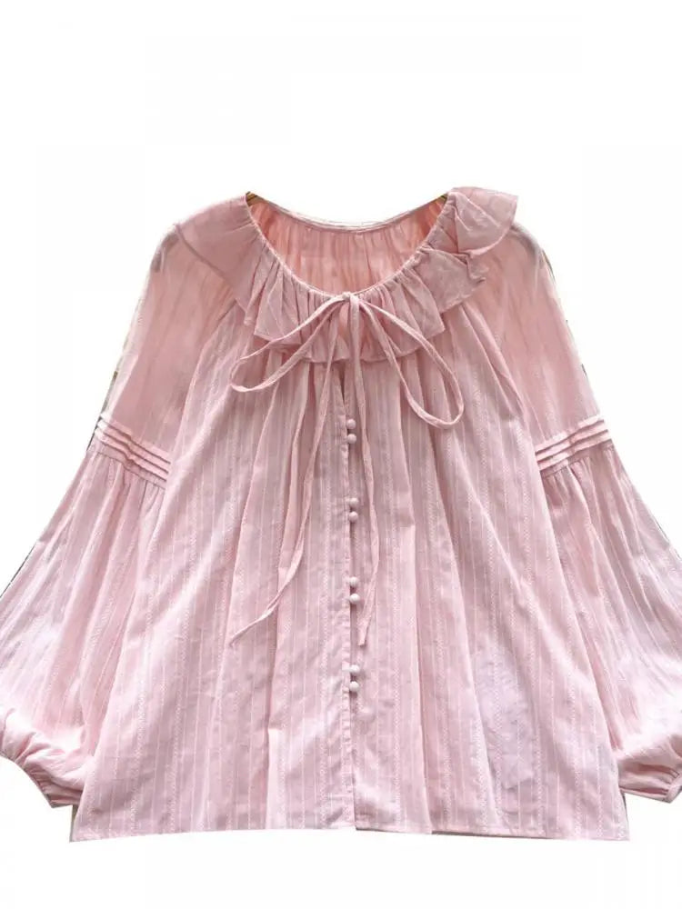 French Woman Solid Long Sleeve Lace-up Shirt Ladies Sweet Ruffle Edges Blouse Autumn Fashion New Single Breasted Short Tops Chic