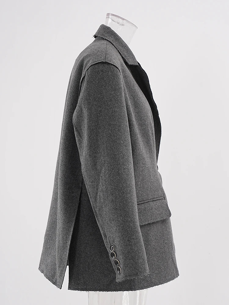 Gray Irregular Side Button Big Size Woolen Coat New Lapel Long Sleeve Women Jacket Fashion Tide Autumn Winter 2025 25A8452